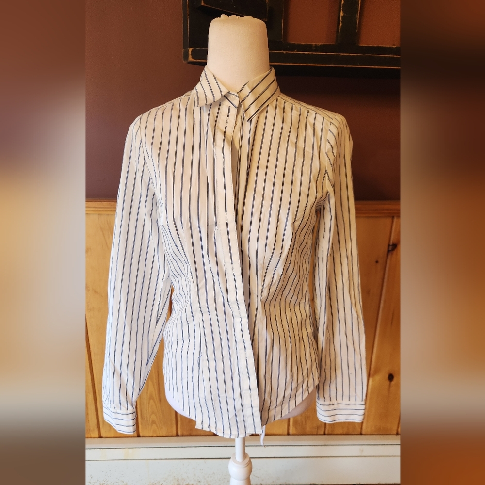White House Black Market Pin Stripe Button Up Shirt Blue And White Size 2